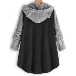 Color Block Hooded Coat, Dual Pockets Button Long Sleeve Coat, Casual Outerwear For Fall & Winter, Women's Clothing