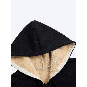 Fuzzy Hooded Jacket, Casual Zip Up Drawstring Long Sleeve Solid Outerwear, Women's Clothing