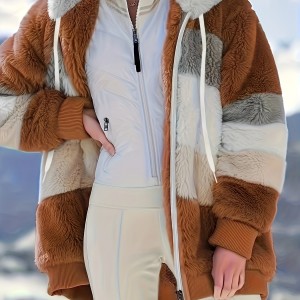 Fuzzy Color Block Coat, Casual Hooded Zip Up Drawstring Long Sleeve Outerwear, Women's Clothing