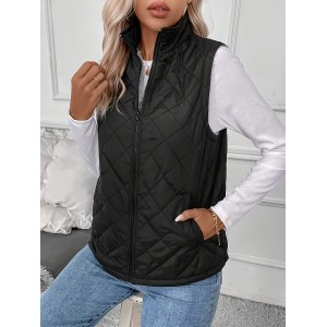Argyle Pattern Fall & Winter Vest, Casual Zip Up Sleeveless Vest, Women's Clothing