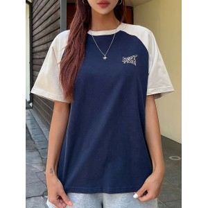 Letter Print Colorblock Crew Neck T-Shirt, Casual Raglan Sleeve Top For Spring & Summer, Women's Clothing