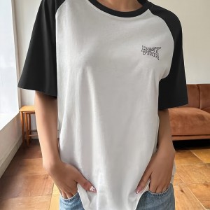 Letter Print Colorblock Crew Neck T-Shirt, Casual Raglan Sleeve Top For Spring & Summer, Women's Clothing