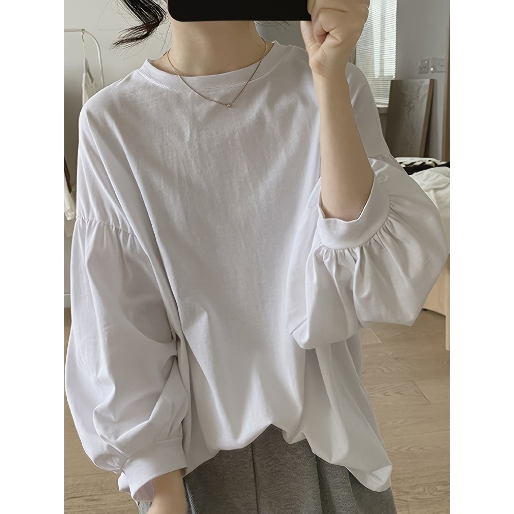 Solid Crew Neck T-Shirt, Casual Lantern Sleeve Top For Spring & Fall, Women's Clothing