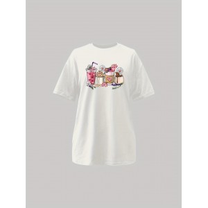 Coffee & Floral Print Crew Neck T-shirt, Casual Short Sleeve Drop Shoulder Top, Women's Clothing