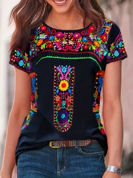 Boho Floral Print T-shirt, Ethnic Crew Neck Short Sleeve Summer T-shirt, Women's Clothing