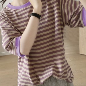 Crew Neck Striped T-Shirt, Random Print Casual Top For Summer & Spring, Women's Clothing