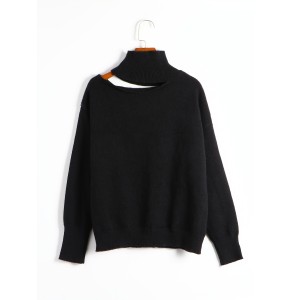 Cut Out Solid Knit Sweater, Casual High Neck Long Sleeve Sweater, Women's Clothing