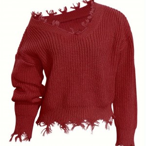 Solid Slant Shoulder Pullover Sweater, Distressed Ripped Raw Hem Long Sleeve Sweater, Women's Clothing