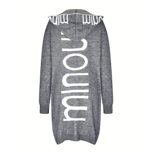 Letter Print Waterfall Collar Knit Cardigan, Casual Hooded Long Sleeve Sweater With Pockets, Women's Clothing