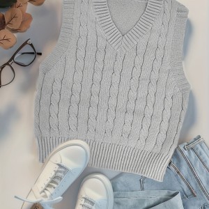 Twist Pattern V Neck Sweater Vest, Y2K Sleeveless Vest For Spring & Fall, Women's Clothing