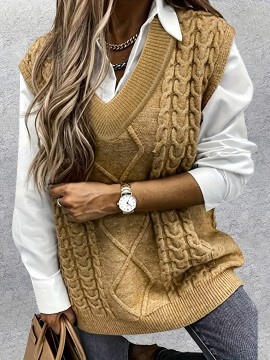 Cable V Neck Knitted Vest, Casual Sleeveless Vest For Spring & Fall, Women's Clothing