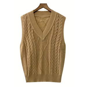 Cable V Neck Knitted Vest, Casual Sleeveless Vest For Spring & Fall, Women's Clothing