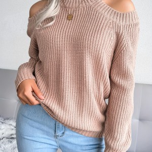 Solid Color Crew Neck Cold Shoulder Knitted Tops, Casual Everyday Pullover Sweaters, Women's Clothing