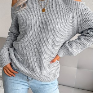 Solid Color Crew Neck Cold Shoulder Knitted Tops, Casual Everyday Pullover Sweaters, Women's Clothing