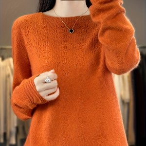 Solid Crew Neck Wool Sweater, Casual Long Sleeve Cozy Basic Sweater, Women's Clothing