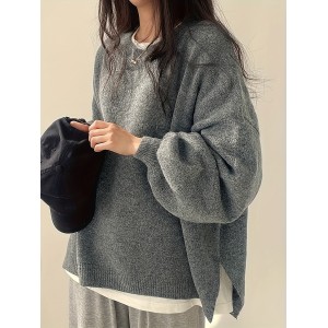 Solid Crew Neck Pullover Sweater, Casual Long Sleeve Drop Shoulder Split Sweater, Women's Clothing