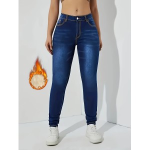 Fleece Liner Casual Skinny Jeans, Slant Pockets Slim Fit Stretchy Tight Jeans, Women's Denim Jeans & Clothing