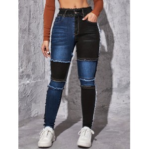 Colorblock Raw Hem Skinny Jeans, Slim Fit Slash Pockets High-Stretch Patchwork Casual Denim Pants, Women's Denim Jeans & Clothing