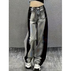 Contrast Color Casual Baggy Jeans, Loose Fit Non-Stretch Washed Wide Legs Jeans, Women's Denim Jeans & Clothing