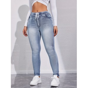 Drawstring Elastic Waist Skinny Jeans, High Stretch Slim Fit Washed Tight Jeans, Women's Denim Jeans & Clothing